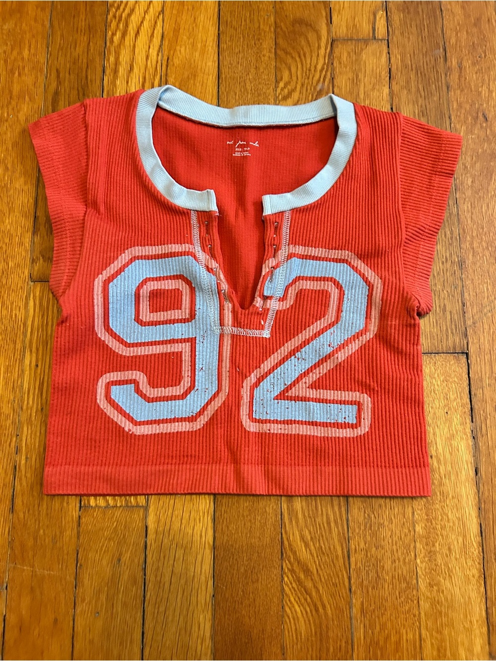 Urban Outfitters Red Ribbed Crop Top with Light Blue Trim and '92' Graphic
